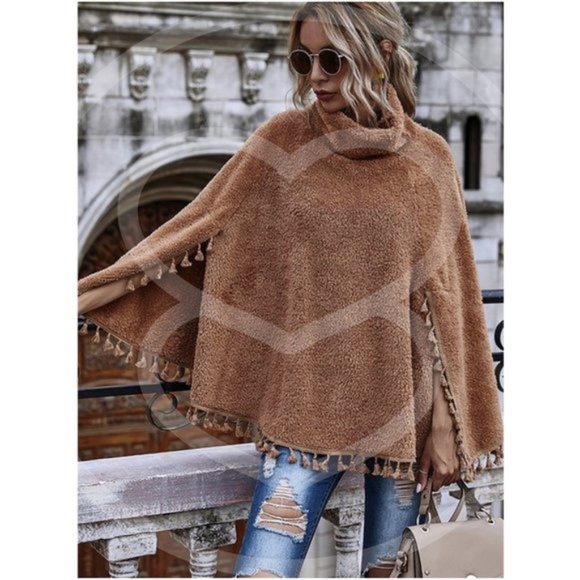 Sweaters - camel tassel  sherpa turtleneck poncho coat jacet